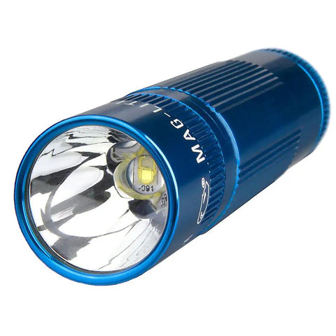 LED 3-Cell AAA Flashlight Blue With Dope Adjustable Brightness And Memory, front view showing lens and blue casing design.