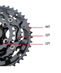 Close-up of Beast Alloy 6061 Mountain Bike Crankset with Hollow Integrated Chainring and Detachable Sprocket, showing 44T, 32T, 22T teeth