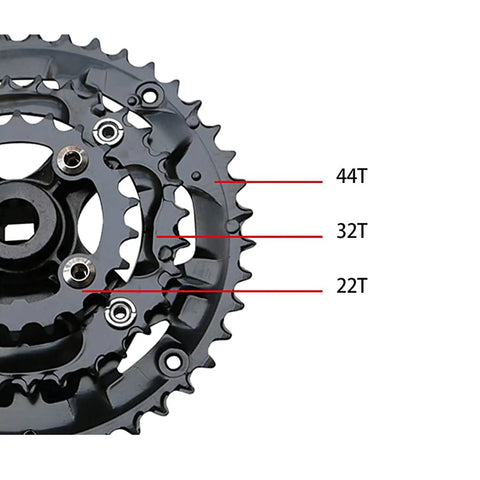 Close-up of Beast Alloy 6061 Mountain Bike Crankset with Hollow Integrated Chainring and Detachable Sprocket, showing 44T, 32T, 22T teeth