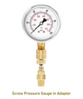 Brass Gauge Adapter With 1/4 NPT Female Thread And Test Plug, 2-1/2 OAL, connected to pressure gauge, stainless steel sheath