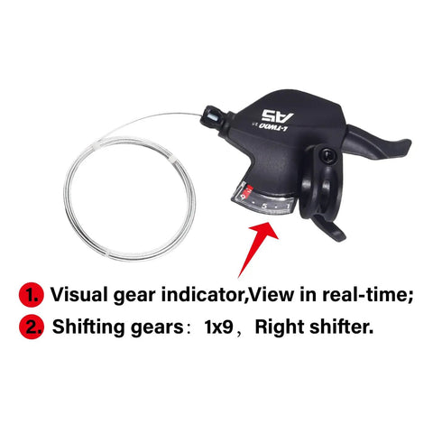 Right Hand 9 Speed Trigger Shifter Lever For Shimano And SRAM Bikes with gear indicator and shift buttons, cable attached