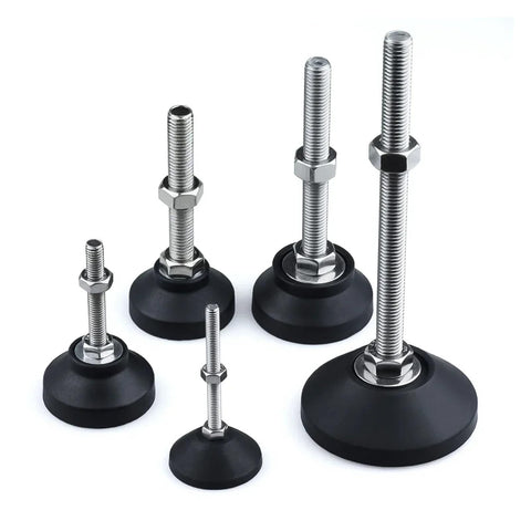 Eight Piece Adjustable Furniture Leveling Feet With Swivel Articulating Legs And Rigid Antislip Cushion Bottoms For No Sweat Setup And Dead Set Stable Room Arrangements in varying sizes.