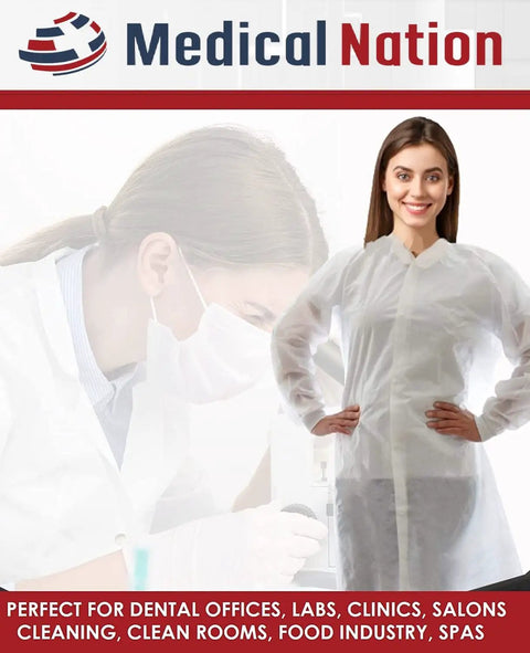 Disposable White Lab Coat For Medical Settings, Large, Case Of 30, Unisex Fit, Latex Free PPE Coat With Snaps shown by model