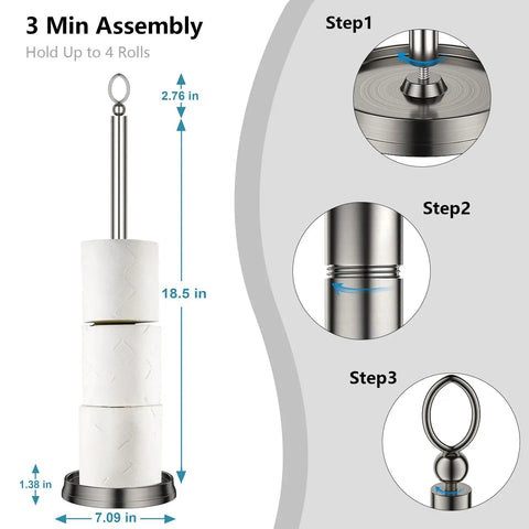 Heavy Duty Free Standing Toilet Paper Holder With Reserve Function And Spare Roll Storage For Bathroom, Brushed Nickel