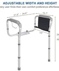 Adjustable Toilet Safety Rails With Grab Bar And Storage Bag for Seniors and Disabled; height 26 to 30 inches, width 21.6 to 24.6 inches.