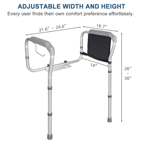 Adjustable Toilet Safety Rails With Grab Bar And Storage Bag for Seniors and Disabled; height 26 to 30 inches, width 21.6 to 24.6 inches.