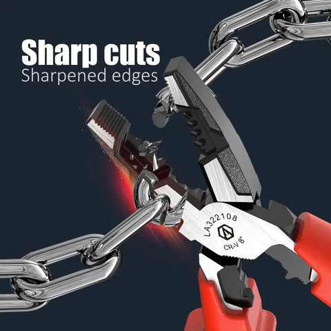 1000V Insulated Multifunction Pliers cutting metal chain with sharp edges, featuring 60CR-V steel for high voltage work.