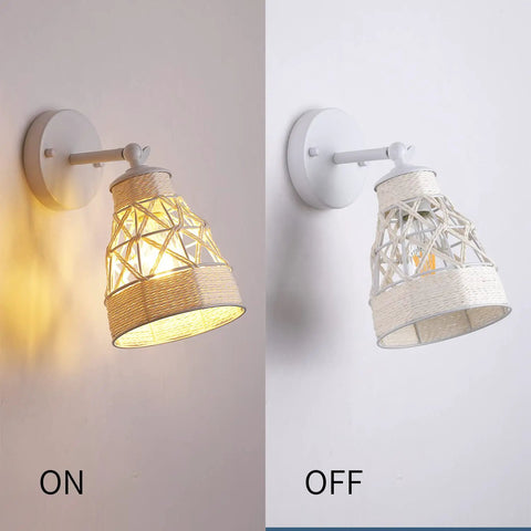White Wall Sconces Set Of 2 With Adjustable 240 Degree Swing Arm Dope Boho Rattan Cage Lamps For Farmhouse Indoor Decor On Off