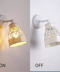 Two Pack Plug In Wall Sconces Black Farmhouse Dimmable Gooseneck Lights With Bamboo Rattan Shade And On Off Rotary Switch Boho Style Neck Light For Bedroom showing on and off states of bamboo shade in white finish