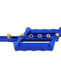 Rock Solid Self Centering Doweling Jig 6 Piece Aluminum Alloy Drill Bit Locator showing blue aluminum design and adjustment features.