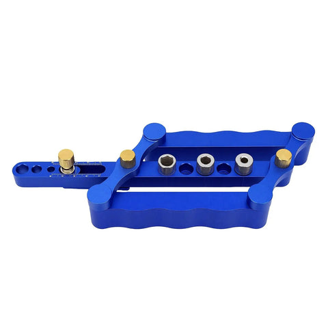 Rock Solid Self Centering Doweling Jig 6 Piece Aluminum Alloy Drill Bit Locator showing blue aluminum design and adjustment features.
