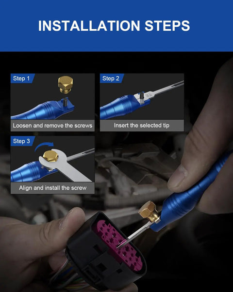 Installation steps for Pro 30 Piece Depinning Tool Kit With Replaceable Pin Extractor Tips in use on automotive connector