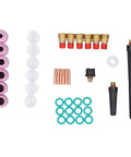 Ultimate 40 Piece TIG Welding Consumables Kit For Wp9 25 showing ceramic nozzles, glass cups, electrode clips, and O-rings.