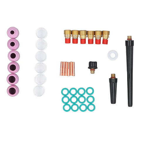 Ultimate 40 Piece TIG Welding Consumables Kit For Wp9 25 showing ceramic nozzles, glass cups, electrode clips, and O-rings.