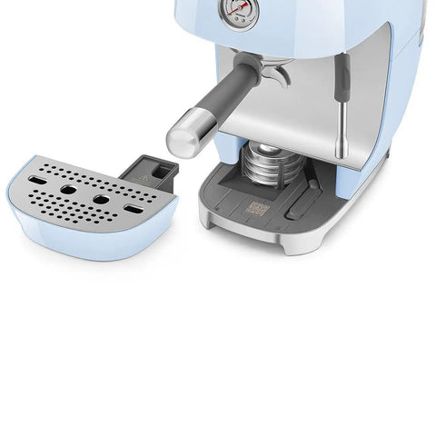 Totally Iconic Retro Espresso Maker With Cold Brew Feature, Packin 15 Bars Of Pressure, showing drip tray and steam wand.