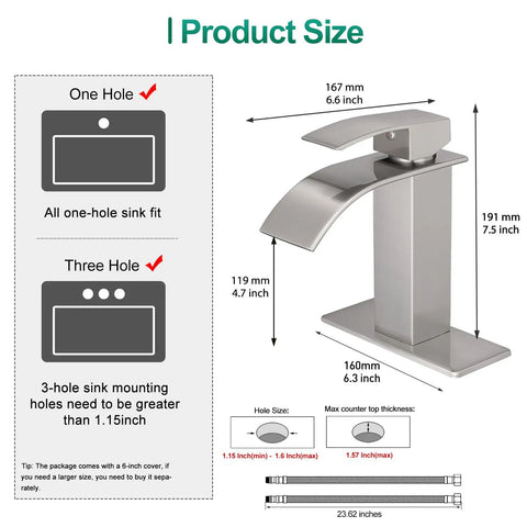Brushed Nickel Waterfall Bathroom Faucet With Modern Single Handle For 1 Or 3 Holes, size dimensions and deck plate view.