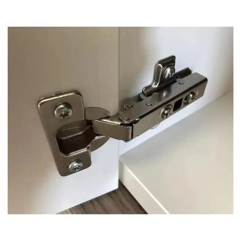 Close-up of a cabinet door hinge from the 8 Piece Cabinet Hinges Set with Straight Arm Full Coverage Soft Close Wardrobe Doors Adjustable Hardware.