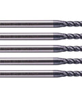 Front view: five solid carbide end mills set, 3/32 in dia, 1/8 in shank, AlTiN coated, 4-flute, 35° helix, 1-1/2 in OAL