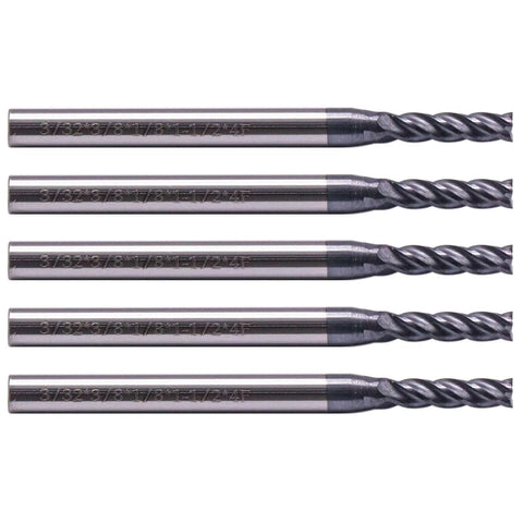 Front view: five solid carbide end mills set, 3/32 in dia, 1/8 in shank, AlTiN coated, 4-flute, 35° helix, 1-1/2 in OAL