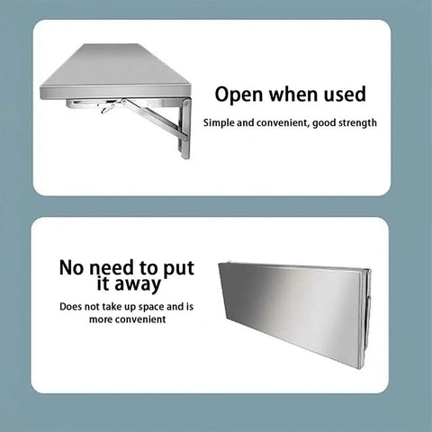 Foldable Stainless Steel Wall Mount Storage Shelf And Fold Down Table For Kitchen Bathroom Balcony, Waterproof Space Saver open and folded