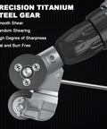 Front view of an electric drill with a circular sheet-metal cutter attachment and toothed cutting wheel.