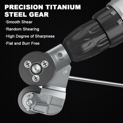 Front view of an electric drill with a circular sheet-metal cutter attachment and toothed cutting wheel.