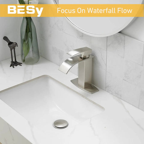 Waterfall Bathroom Faucet With Single Handle Vanity Sink Spout RV Ready Deck Plate For 1 Or 3 Hole Install Brushed Nickel