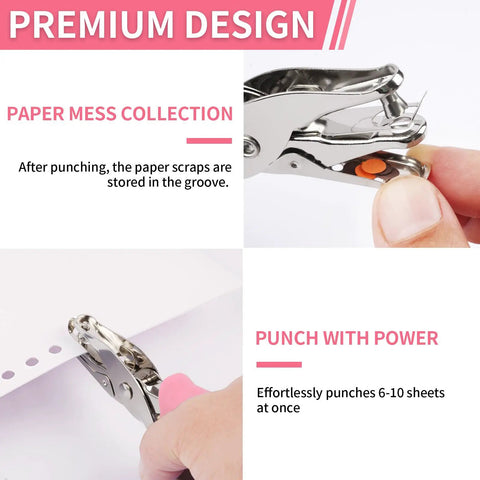 Dual Hole Punch Set With Soft Grip Handles In Pink For One Eighth Inch And One Quarter Inch Holes Totally Game Changing For Crafts Scrapbooks Tags And Tickets Easy To Use With Clean Edges Six Sheets Capacity Perfect Gift For Crafters showcasing premium design and 6-10 sheet capacity.