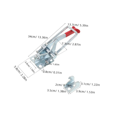 Premium Heavy Duty Toggle Latch Clamps Set Of 2 With Stupendous 2183 Lb Hold Power dimensions labeled on galvanized iron clamps.