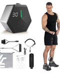 Portable Cable Strength Trainer With Three Resistance Modes And Fan Cooled Power Pump For Home Or Travel Workouts features LCD panel and accessories.