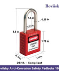 Red safety padlock with "DANGER LOCKED OUT" label, measurements shown, part of Lockout Tagout Station Wall Mount Board For Ten Safety Locks.