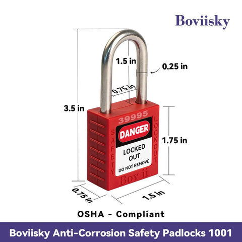 Red safety padlock with "DANGER LOCKED OUT" label, measurements shown, part of Lockout Tagout Station Wall Mount Board For Ten Safety Locks.