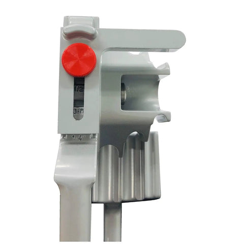 Close-up of Rock Solid Heavy Duty Triple Head Tube Bender showing red size adjustment knob and calibrated markings.