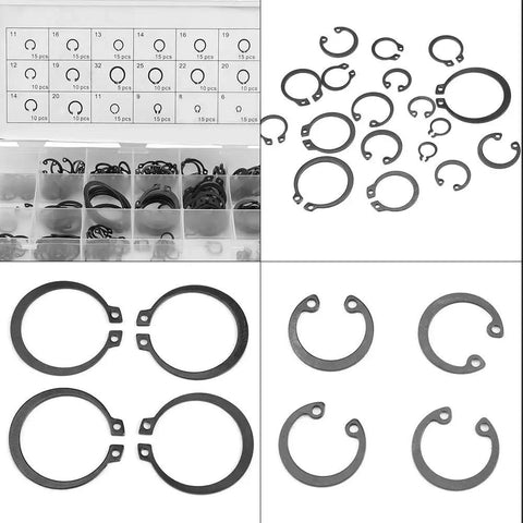 Heavy Duty Circlip Assortment With 225 Pieces In 18 Sizes Of Internal And External Snap Retaining Clips arranged in a storage box.