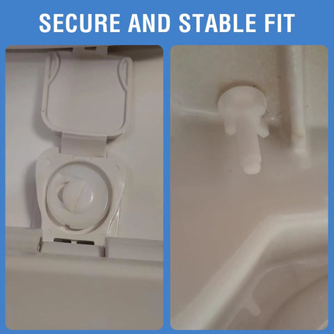 Close-up of Tough As Nails Universal Plastic Toilet Seat Hinge with secure and stable fit for standard toilets.