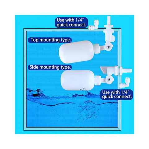 NSF Certified 1/4 Inch Push To Connect Fittings For RO Water Filter Kit with float ball valve, top and side mounting types shown