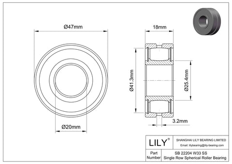 Technical drawing of Tough As Nails Compact Spherical Roller Bearing Stainless Steel 20mm x 47mm for gearboxes and conveyors.