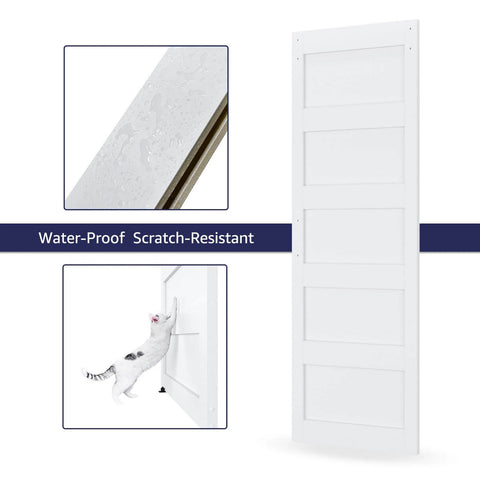 36 By 84 Inch White Sliding Barn Door With 6.6 Foot Brushed Nickel Hardware Kit And Handle, 5 Panel, Waterproof PVC Surface