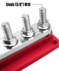 Real Deal Heavy Duty Marine Battery Bus Bar 12 24 48 Volt 600 Amp Copper Terminal Block with M10 studs and red nylon housing.