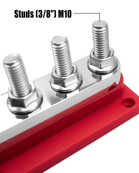 Real Deal Heavy Duty Marine Battery Bus Bar 12 24 48 Volt 600 Amp Copper Terminal Block with M10 studs and red nylon housing.