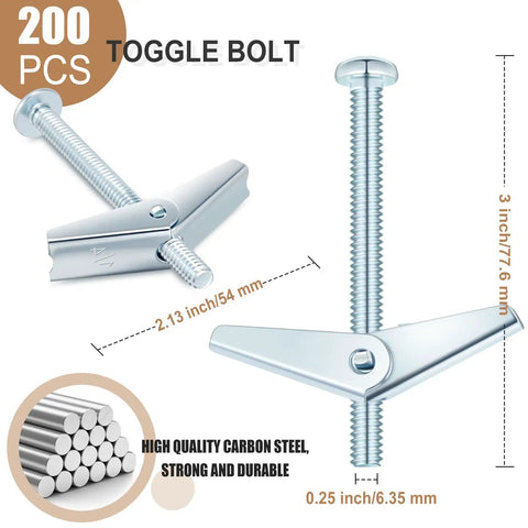 200 Piece Toggle Bolt Kit With Wing Nuts For Drywall One Quarter Inch By Three Inch Heavy Duty Wall Anchors Includes Toggle Bolts And Butterfly Nuts For Home Projects And Small Renovations, carbon steel
