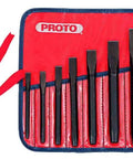 Seven Piece Cold Chisel Set Made From S2 Steel With Heat Treated Strength Parabolic Striking End To Reduce Mushrooming Hand Ground Cutting Edges For Tough Metals Beefy Heavy Duty Metalworking Kit For Auto Shop And Workshop Projects displayed in red case