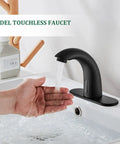 Touchless Bathroom Sink Faucet Matte Black With Automatic Sensor And Hands Free Water Saving Fixture For Commercial Use Battery Or 110V AC Powered 1 Or 3 Hole Installation in use, water flowing over hand