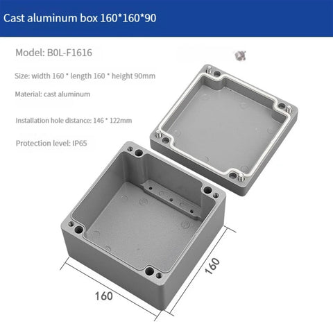 Cast aluminum IP66 waterproof outdoor junction box, 160x160x90mm, with lid and mounting holes