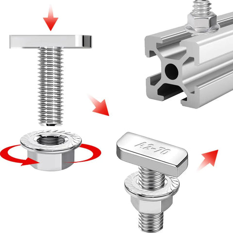 Rock Solid Hammer Head T Bolts For Solar Rail Tracks And Aluminum Profiles With Flange Nuts Rustproof Stainless Steel Fastener Kit For Roofing Projects M8 X 25 assembly illustration with T bolt and flange nut.