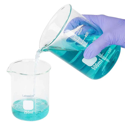 Pouring liquid from 500 mL to 250 mL beaker in Borosilicate Glass Beaker Set With Graduated Griffin Low Form Beakers In Five Sizes 50 mL 100 mL 250 mL 500 mL And 1 L Pro Grade Lab Gear For Heating Mixing Dissolving And Real World Lab Projects