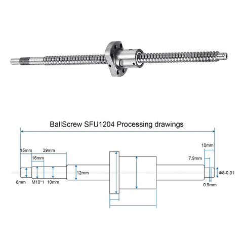 SFU1204 Ball Screw Kit 300Mm Long 12Mm Dia 4Mm Lead With Nut Anti Backlash, diagram and specifications for CNC Machines