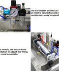 Pro Automatic Liquid Filler And Sealer Serving Zero Hassle, showing barometer and air inlet setup for easy operation.