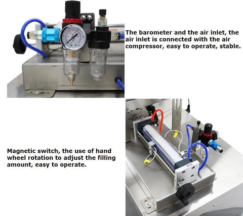 Pro Automatic Liquid Filler And Sealer Serving Zero Hassle, showing barometer and air inlet setup for easy operation.