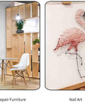 Two images side by side: left shows a modern dining area with wooden shelves and right displays flamingo nail art using gold plated carbon steel tiny nails.